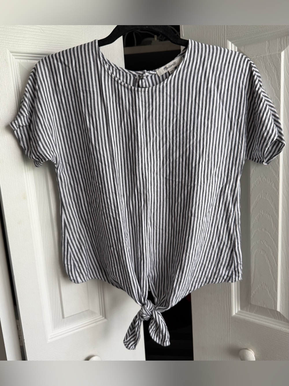 Madewell Button-Back Tie-Front Black and White Stripe Crop Top